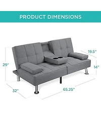 Best Choice Products Modern Linen Convertible Futon Sofa Bed w/ Removable Armrests, Metal Legs, Cupholders