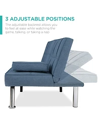 Best Choice Products Modern Linen Convertible Futon Sofa Bed w/ Removable Armrests, Metal Legs, Cupholders