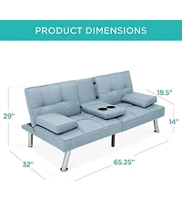 Best Choice Products Modern Linen Convertible Futon Sofa Bed w/ Removable Armrests, Metal Legs, Cupholders