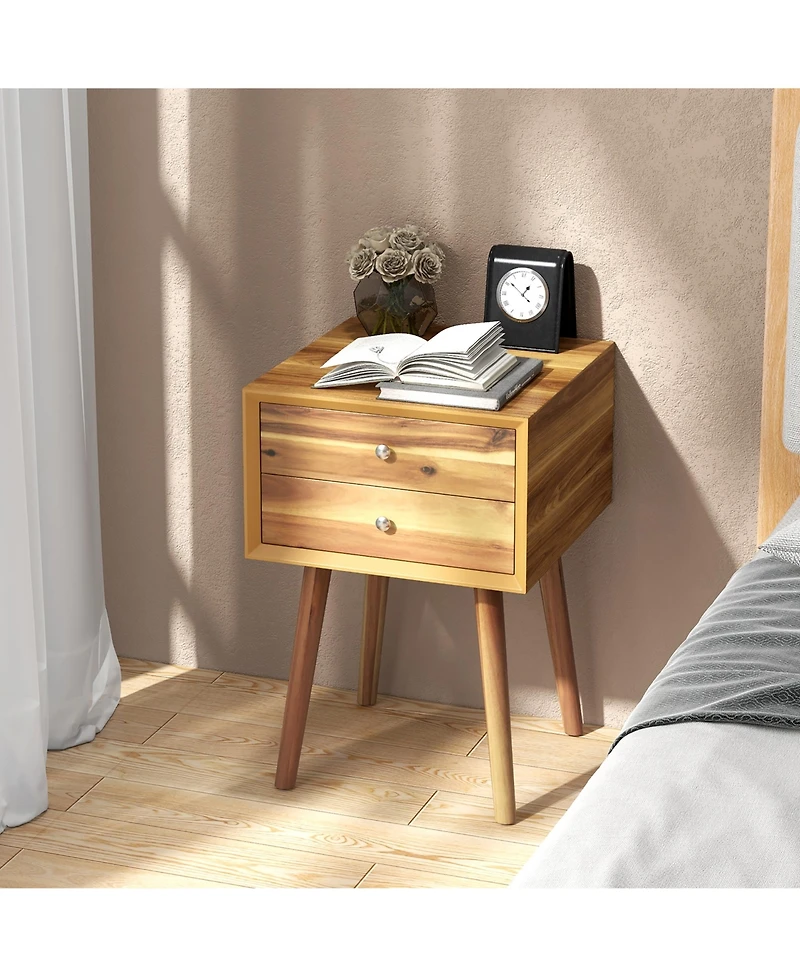 Gymax 2PCS Wooden Nightstand Mid-Century End Side Table W/2 Storage Drawers Natural