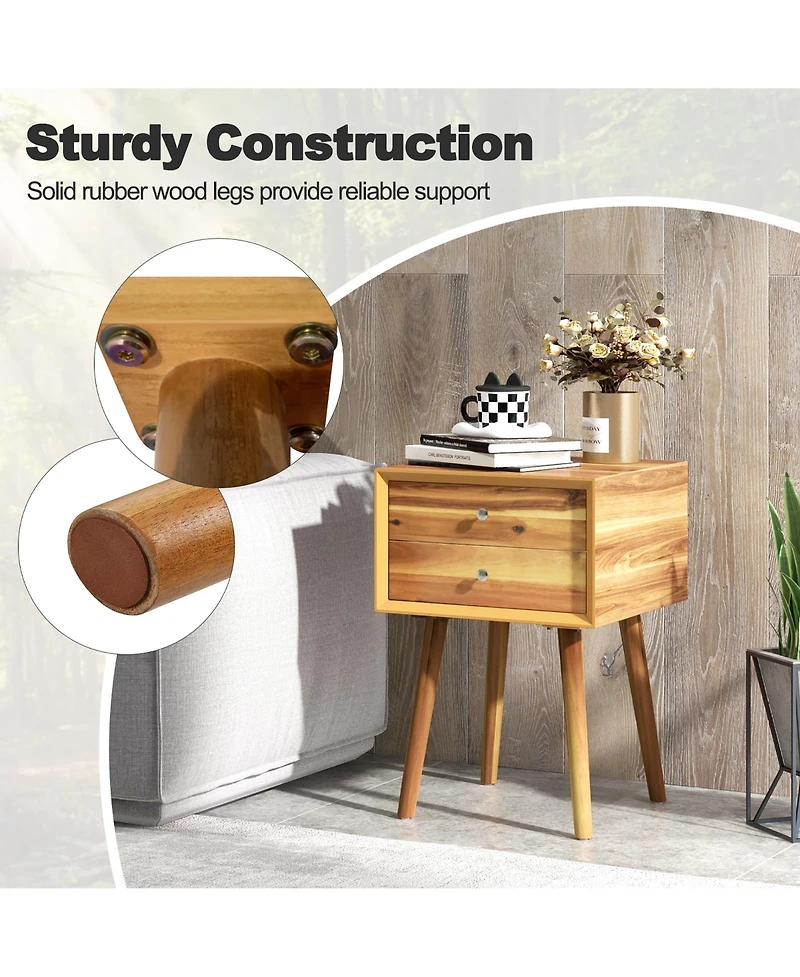 Gymax 2PCS Wooden Nightstand Mid-Century End Side Table W/2 Storage Drawers Natural