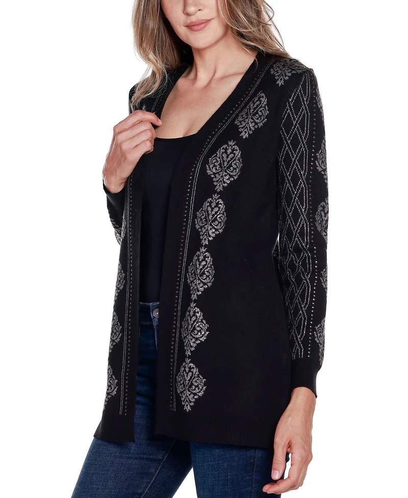 Belldini Women's Black Label Lurex Jacquard Open-Front Cardigan Sweater