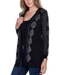 Belldini Women's Black Label Lurex Jacquard Open-Front Cardigan Sweater