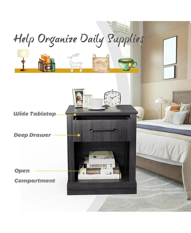 Gymax Nightstand with Drawer and Shelf Rustic Wooden Bedside Table Bedroom Brown