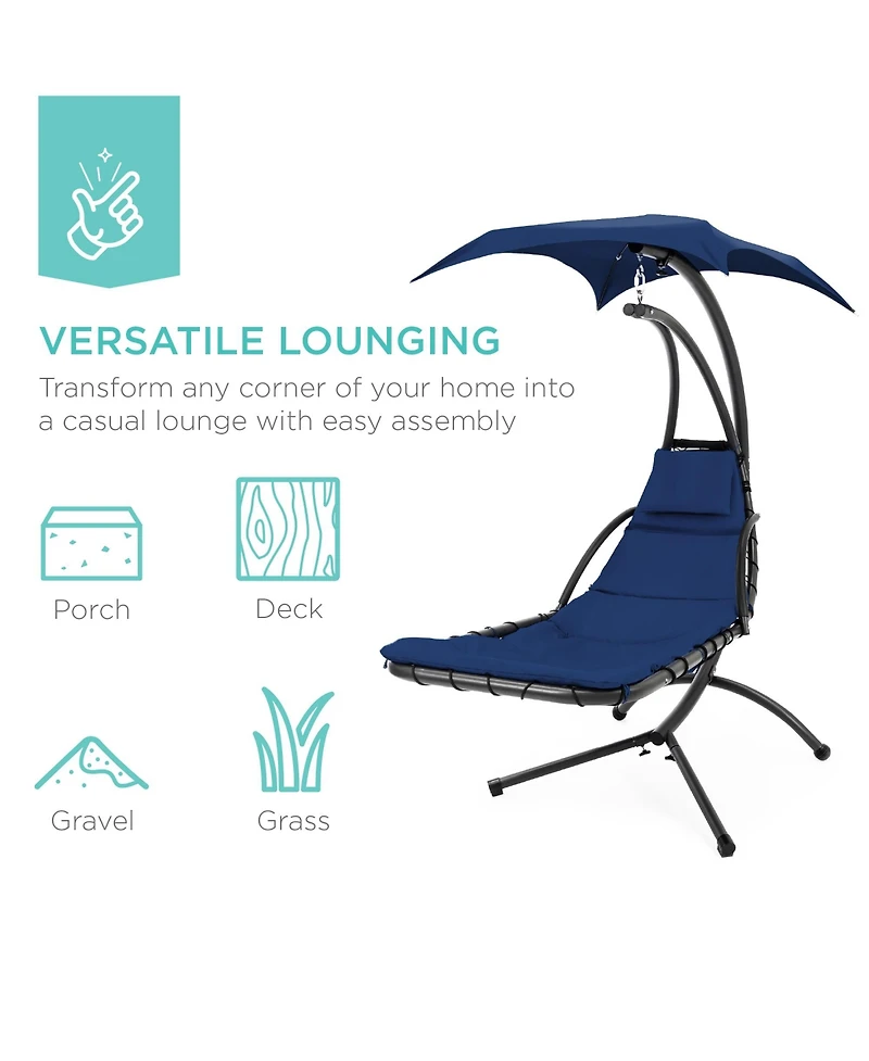 Best Choice Products Hanging Curved Chaise Lounge Chair Swing for Backyard, Patio w/ Pillow, Shade, Stand