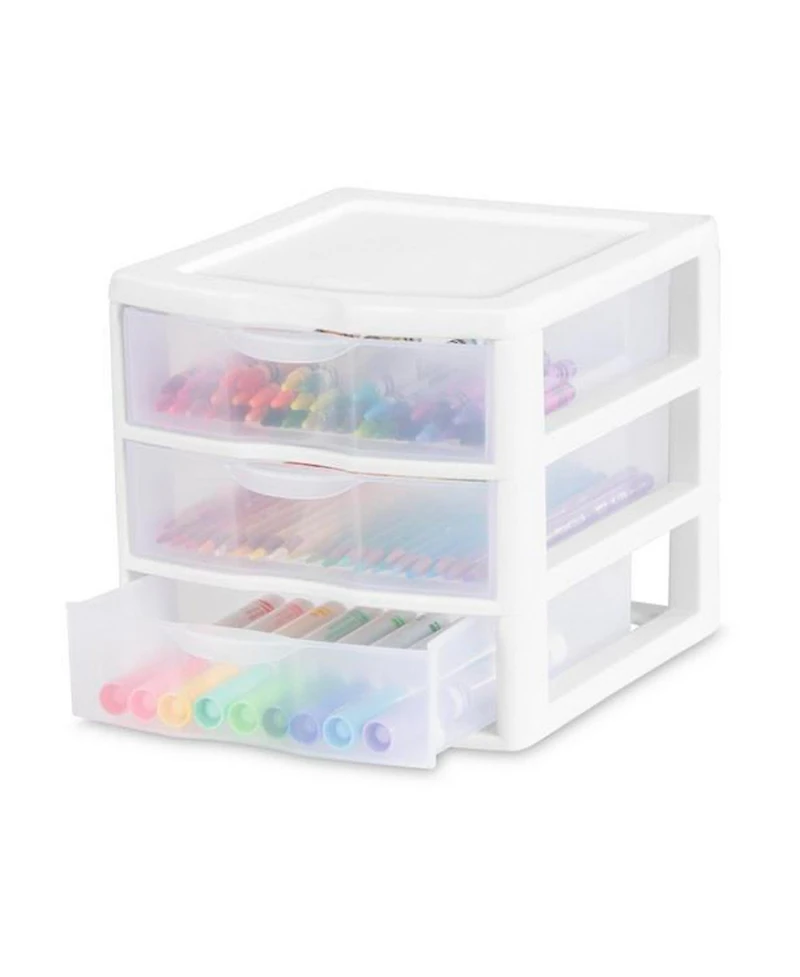 Sterilite ClearView Plastic Small 3 Drawer Desktop Storage Unit, White, 6 Pack