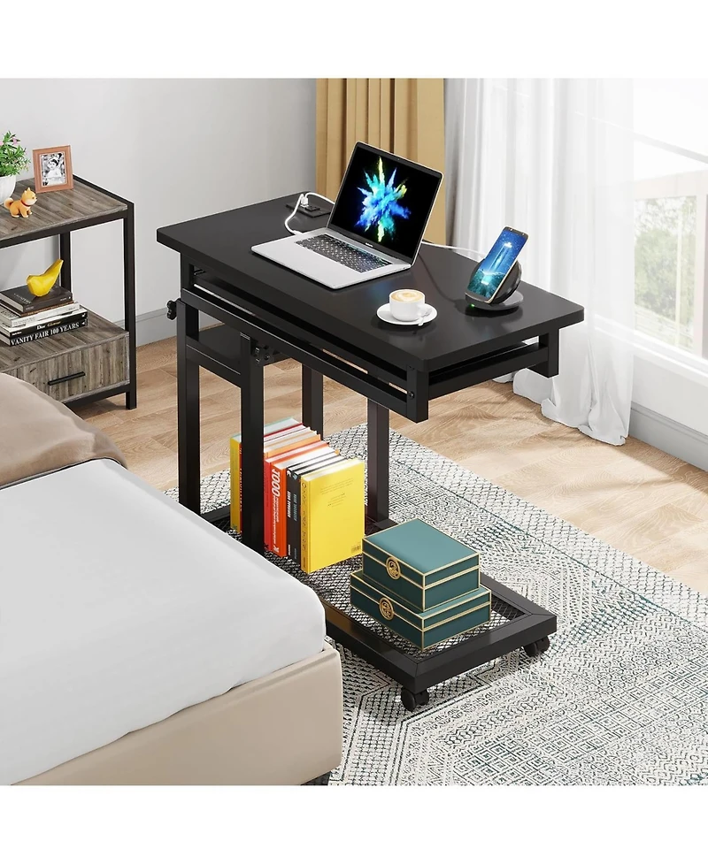 Tribesigns Small Portable Desk with Power Outlet, Height Adjustable Sofa Couch Bedside Laptop Table Wheels, Mobile Standing Rolling Computer