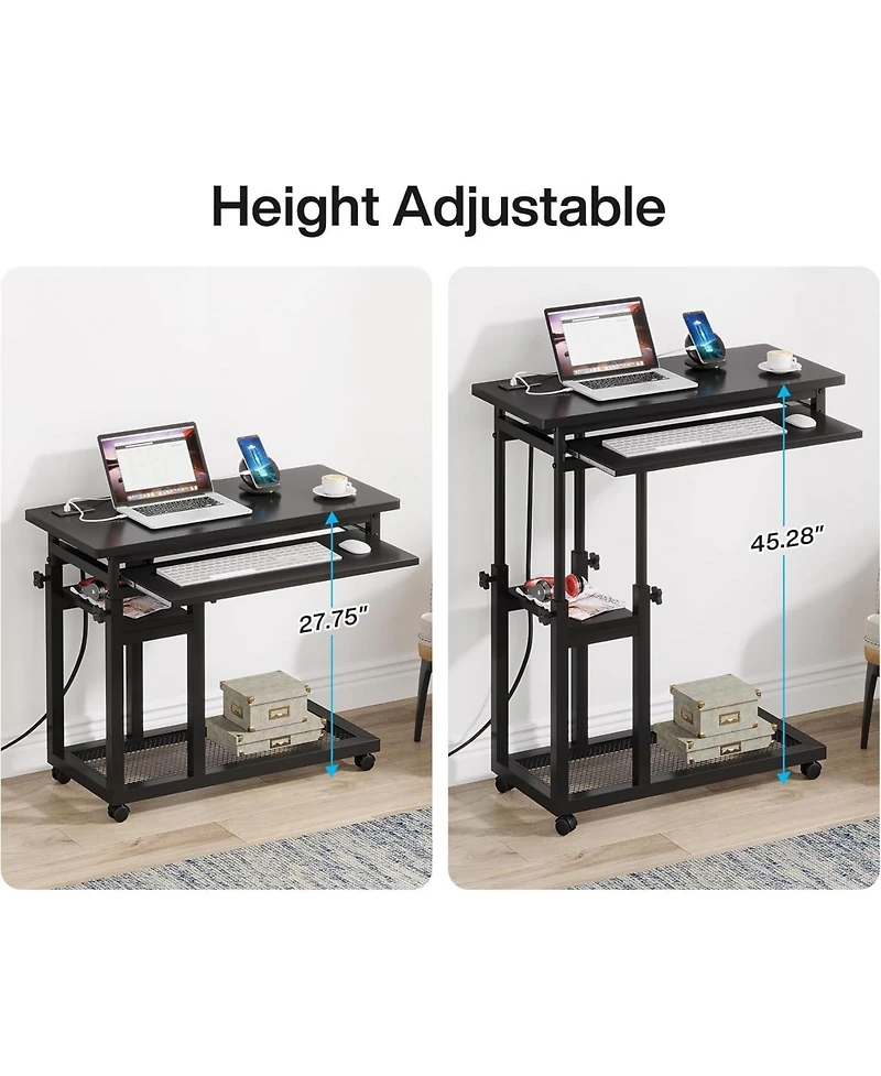 Tribesigns Small Portable Desk with Power Outlet, Height Adjustable Sofa Couch Bedside Laptop Table Wheels, Mobile Standing Rolling Computer