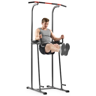 Sunny Health & Fitness Multi-Function Compact Power Tower, 300 LBs Capacity with Captains Chair, Dip Station, Pull Up Bar, Push Up & Core Workout