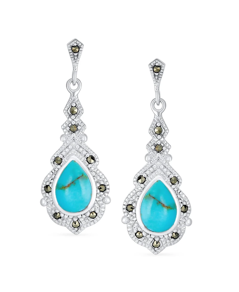 Bling Jewelry Western Style Marcasite Accent Teardrop Stabilized Blue Turquoise Dangle Chandelier Earrings .925 Sterling Silver