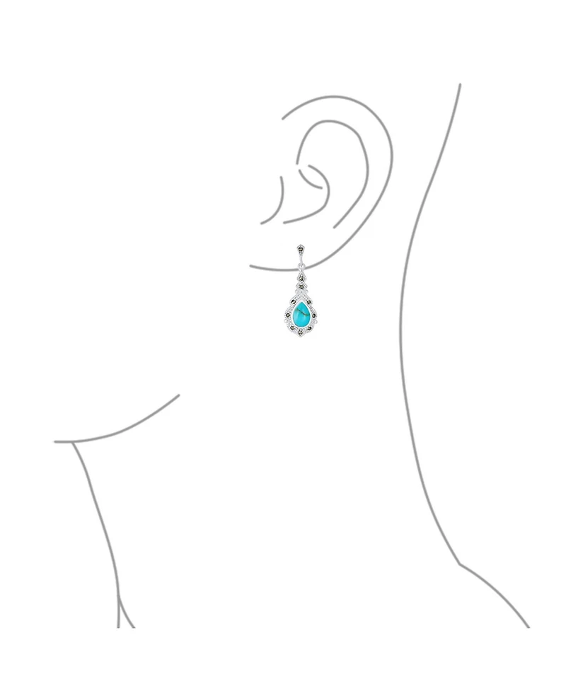 Bling Jewelry Western Style Marcasite Accent Teardrop Stabilized Blue Turquoise Dangle Chandelier Earrings .925 Sterling Silver