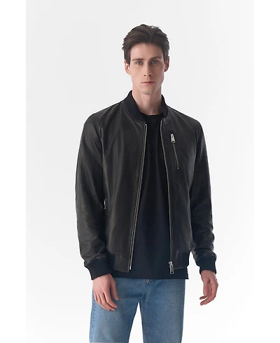 Furniq Uk Men's Genuine Leather Bomber Jacket, Natural Grain Black
