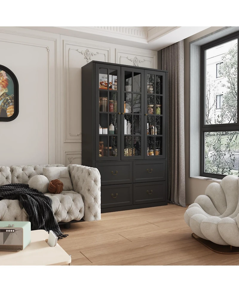 Famapy Grey Wood Bookcase With Tempered Glass Doors and 6-Drawers