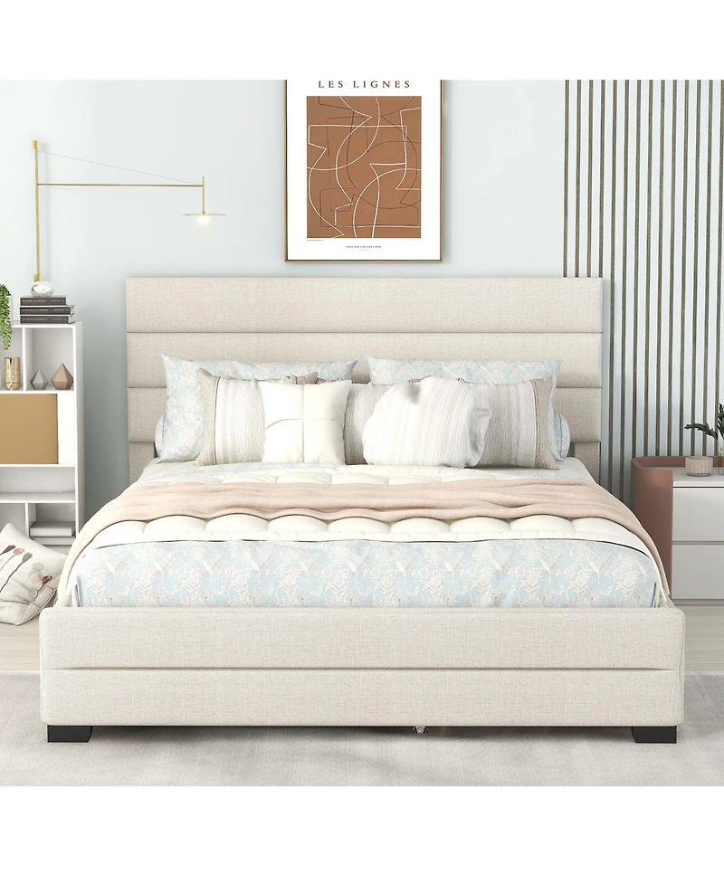 Slickblue Queen Upholstered Platform Bed with Twin Size Trundle and Two Drawers