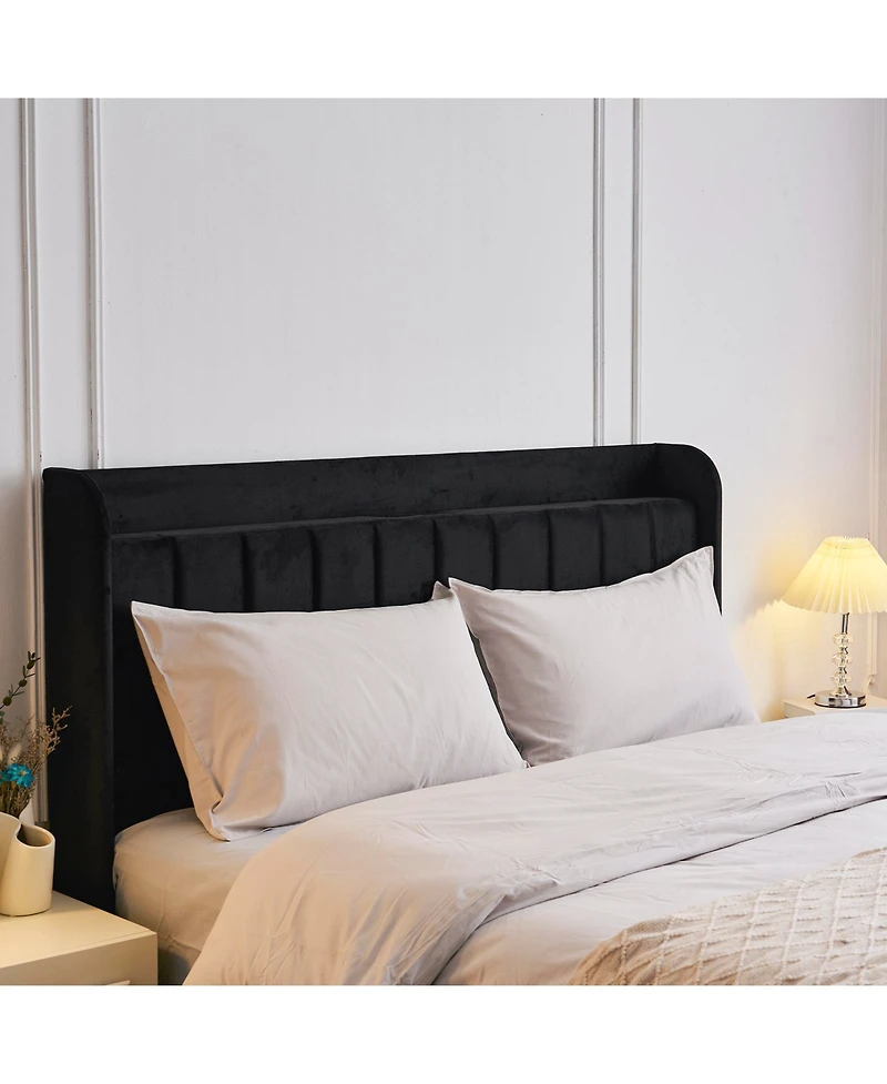 Slickblue Queen Size Velvet Bed Frame with Built-In Charging Station and Storage Shelf