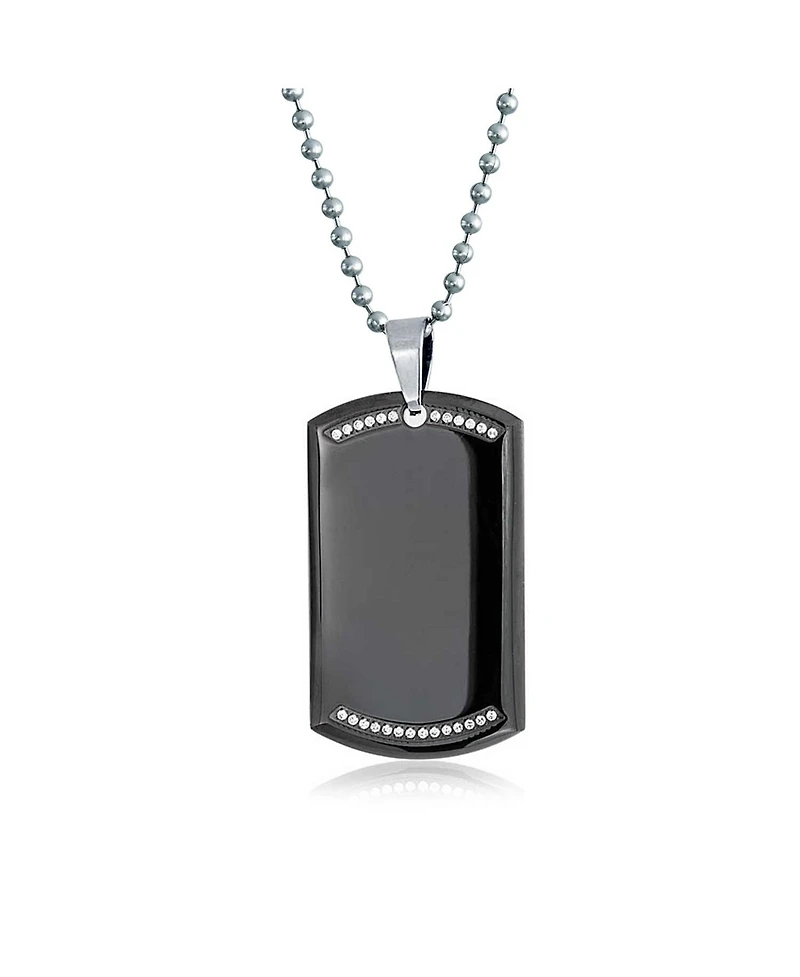 Bling Jewelry Cz Edge Black Dog Tag Pendant Necklace Stainless Steel with Bead Ball Chain 24 In