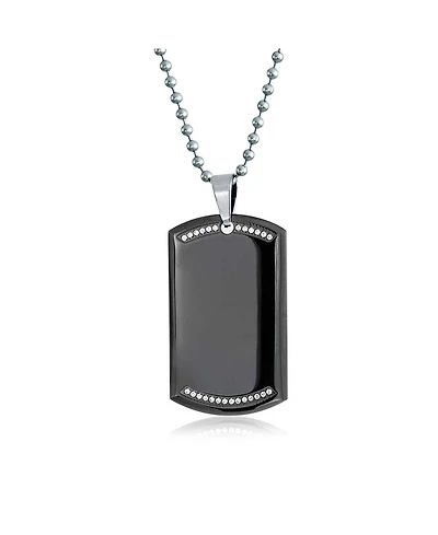 Bling Jewelry Cz Edge Black Dog Tag Pendant Necklace Stainless Steel with Bead Ball Chain 24 In