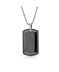 Bling Jewelry Cz Edge Black Dog Tag Pendant Necklace Stainless Steel with Bead Ball Chain 24 In