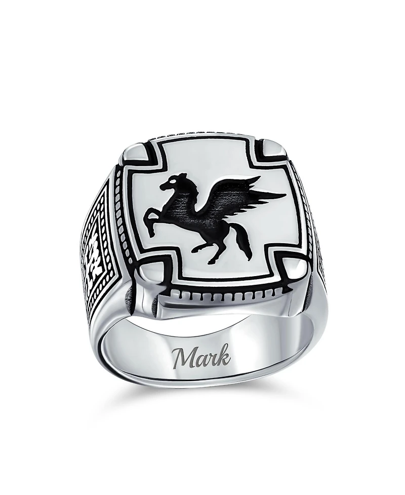 Bling Jewelry Large 2 Tone Ancient Greek Mythical Flying Horse Creature Pegasus Signet Ring Oxidized .925 Sterling Silver