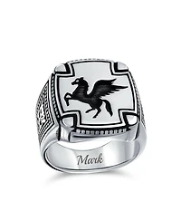 Bling Jewelry Large 2 Tone Ancient Greek Mythical Flying Horse Creature Pegasus Signet Ring Oxidized .925 Sterling Silver