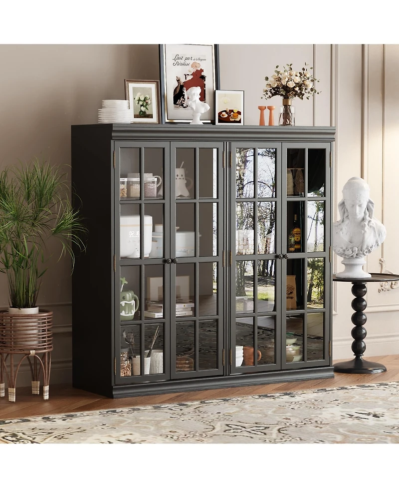 Famapy Black Wood Bookcase Storage Cabinet With Tempered Glass Doors
