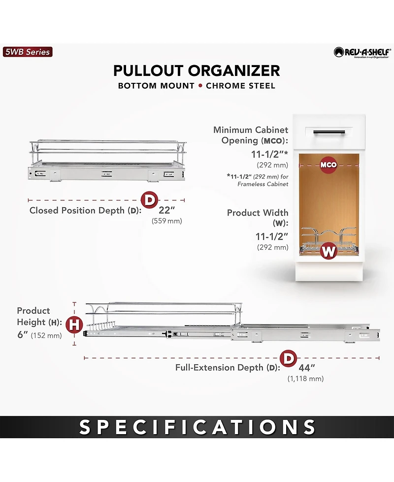 Rev-a-Shelf Kitchen Cabinet Pullout Shelf Organizer, 12 x 22 In, 5WB1-1222CR-1
