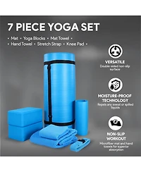 BalanceFrom Fitness 7 Piece Yoga Set with Mat, Stretch Strap, & Knee Pad, Blue
