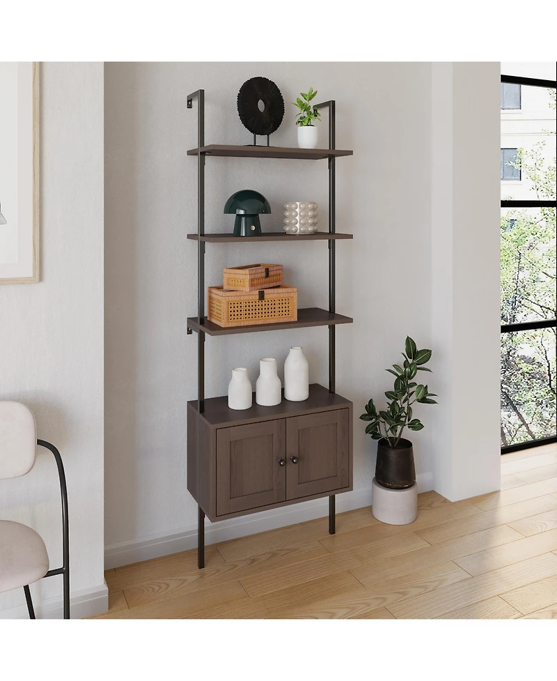 Industrial 4-Shelf Wood Wall-Mounted Open Ladder Bookcase, Cabinet, Metal Frame