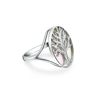Bling Jewelry Large Statement Iridescent Oval Abalone Rainbow White Mother of Pearl Family Wishing Tree Of Life Ring Wife .925 Sterling Silver