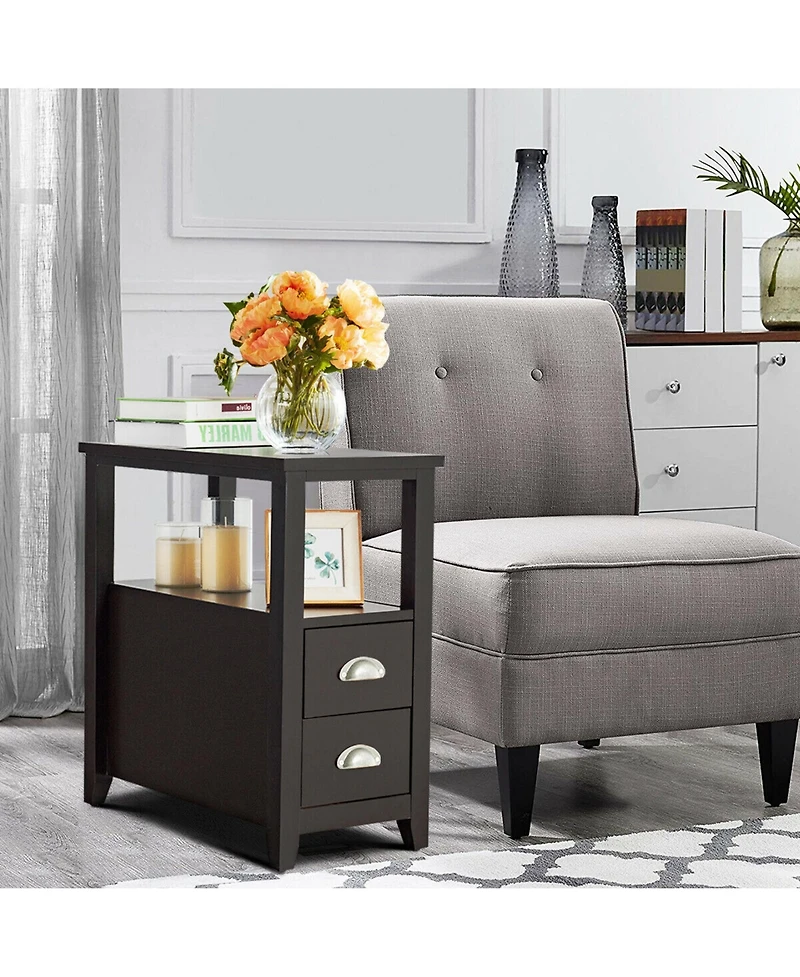 Gymax Set of 2 End Bedside Table Rectangular Nightstand W/ 2 Drawers & Shelf Espresso