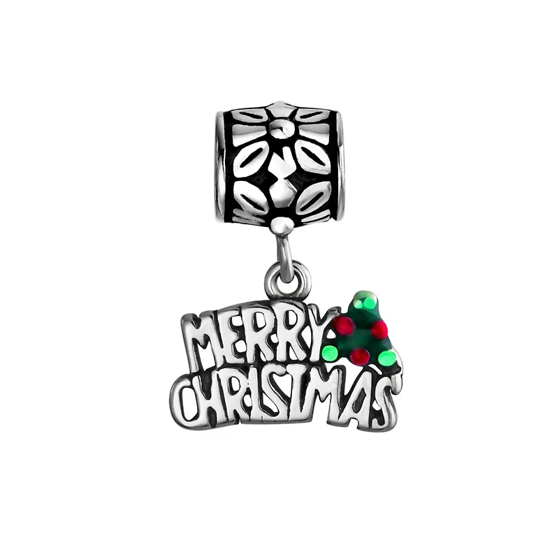 Bling Jewelry Holly Leaf Dangling Word "Merry Christmas" Charm Bead .925 Sterling Silver