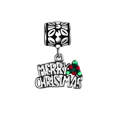 Bling Jewelry Holly Leaf Dangling Word "Merry Christmas" Charm Bead .925 Sterling Silver