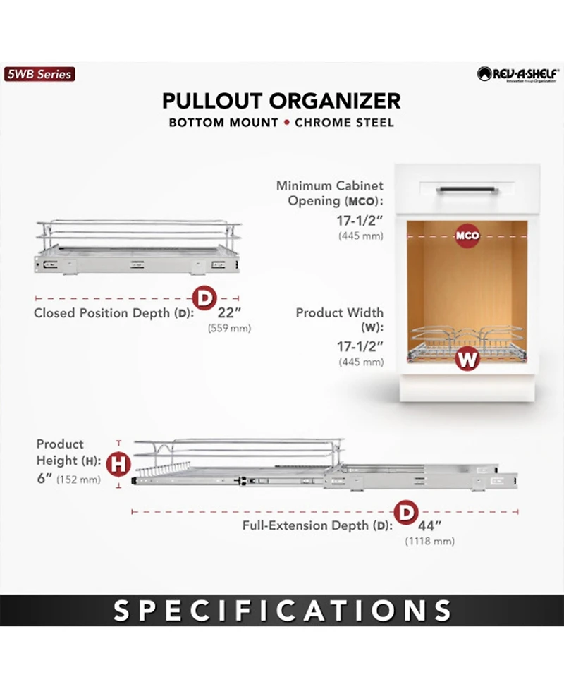 Rev-a-Shelf Kitchen Cabinet Pullout Shelf Organizer, 18 x 22 In, 5WB1-1822CR-1