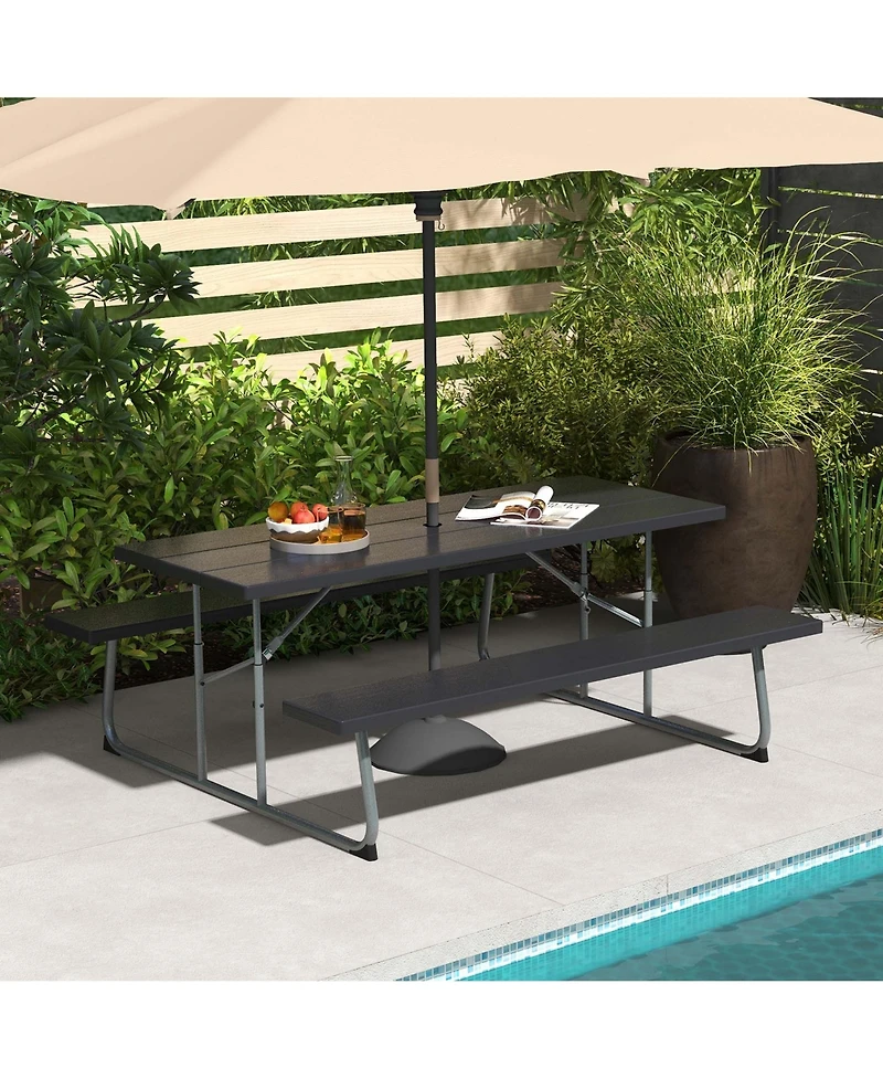 Costway Folding Picnic Table with Wood-like Tabletop, Umbrella Hole, 2 Benches for 8 Person