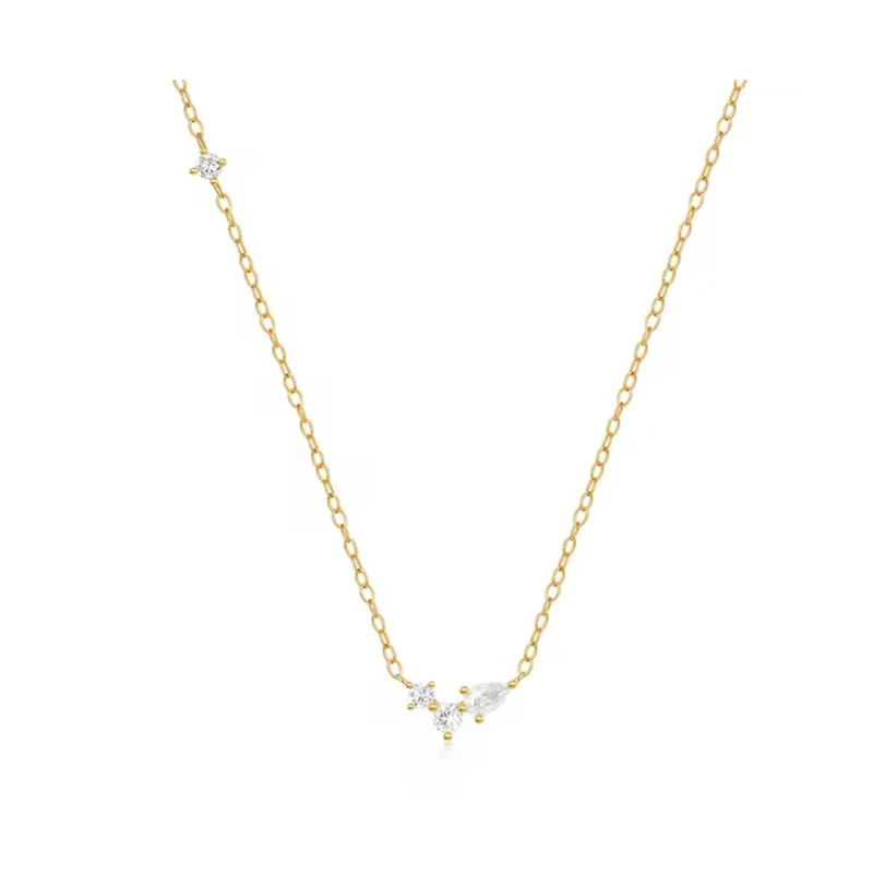 Hollywood Sensation 18K Gold Plated Sterling Silver Necklace with Three Round and One Pear Cut Cubic Zirconia Stones