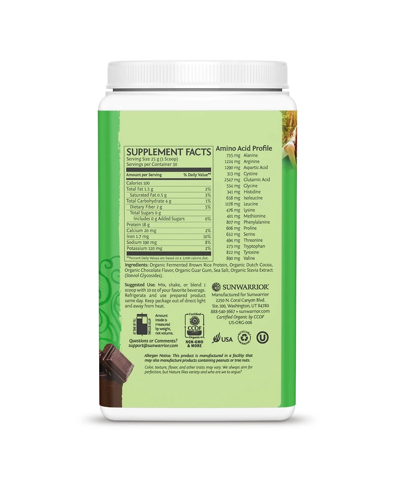 Sunwarrior Classic Organic Protein Powder, Plant-Based Protein, Chocolate Flavor, Sunwarrior, 750gm (30 servings)