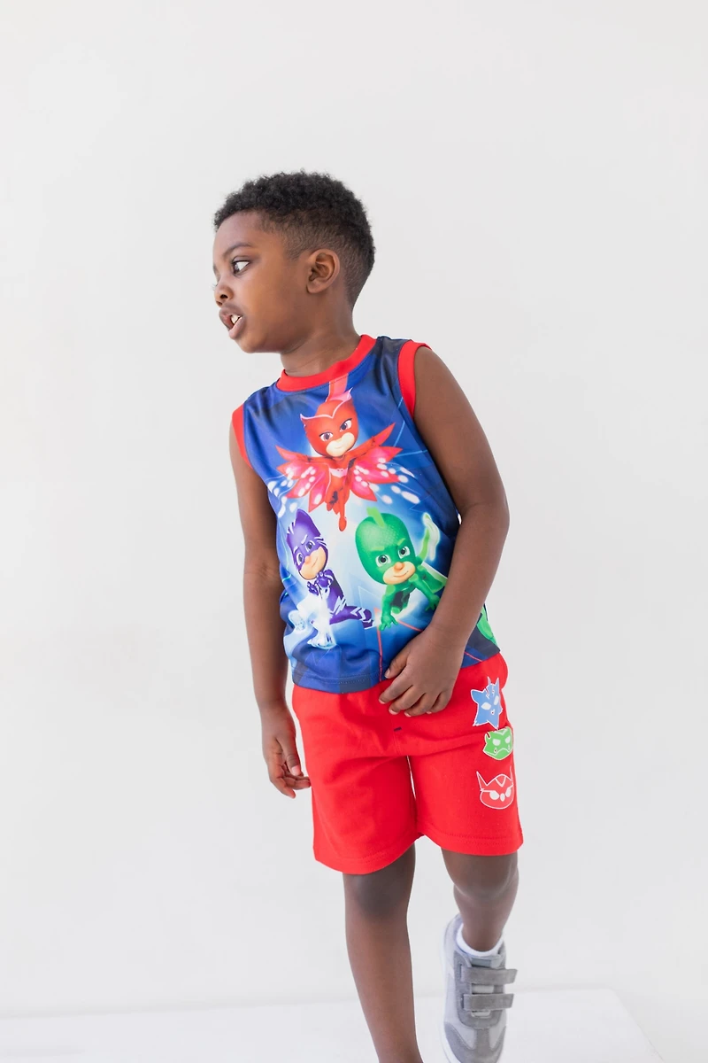 Pj Masks Toddler Boys T-Shirt Tank Top and French Terry Shorts 3 Piece Outfit Set