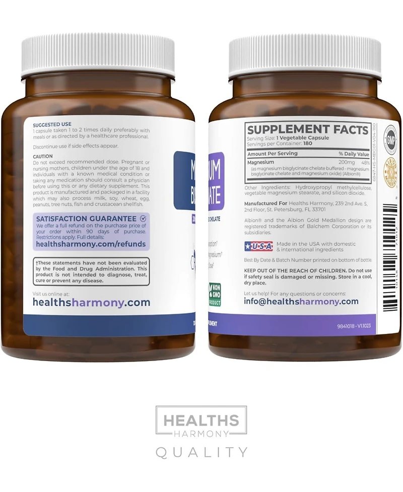 Magnesium Bisglycinate Capsules, High Absorption, Gentle, Calm, & Non-Laxative, Health's Harmony