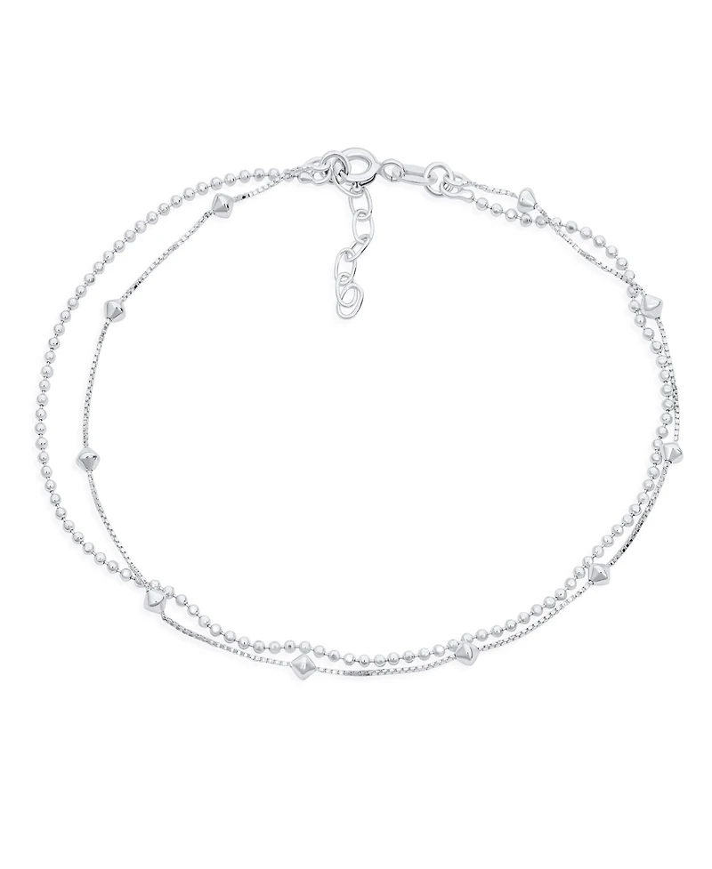 Bling Jewelry Simple 2 In 1 Set Tiny 3MM Station Shaped Beads Double Chain Anklet Strand Ankle Bracelet .925 Sterling Silver 9-10 Inch Adjustable