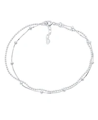 Bling Jewelry Simple 2 In 1 Set Tiny 3MM Station Shaped Beads Double Chain Anklet Strand Ankle Bracelet .925 Sterling Silver 9-10 Inch Adjustable