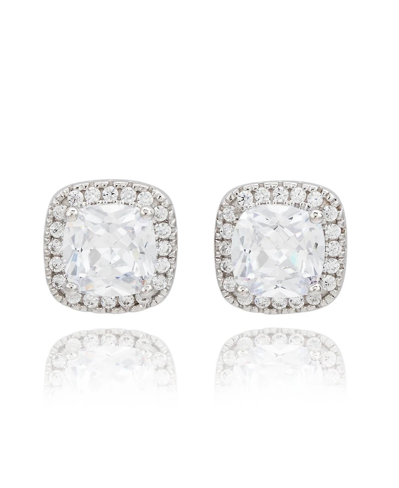 Suzy Levian Sterling Silver Cushion Cut White Cubic Zirconia Halo Studs