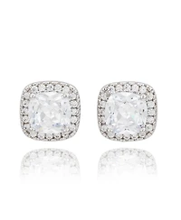 Suzy Levian Sterling Silver Cushion Cut White Cubic Zirconia Halo Studs