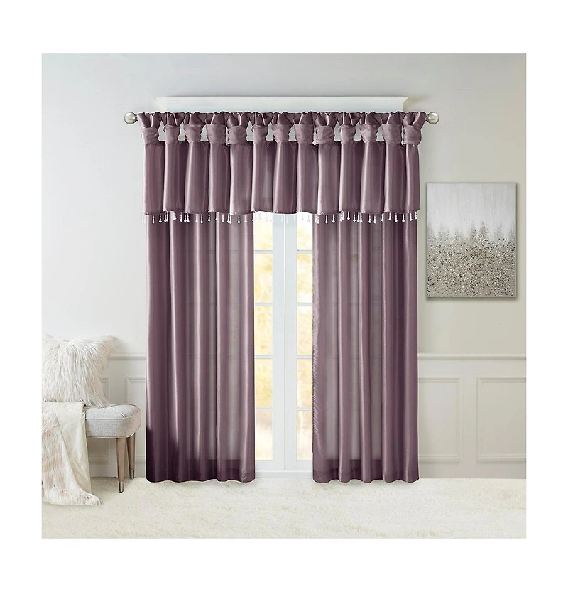 Madison Park Emilia Lightweight Faux Silk Valance With Beads, 26 inch valances for windows, Width 50 length 26 inches, Purple curtain with valance