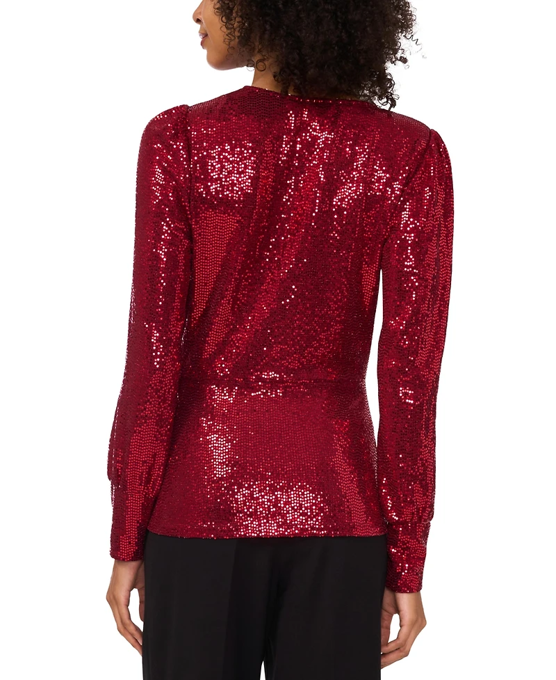 Vince Camuto Women's Sequined Faux-Wrap Long-Sleeve Top