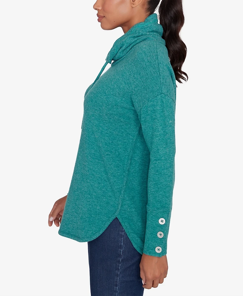 Ruby Rd. Petite Cowl Neck Solid Hatchi Knit Top with Drawstring