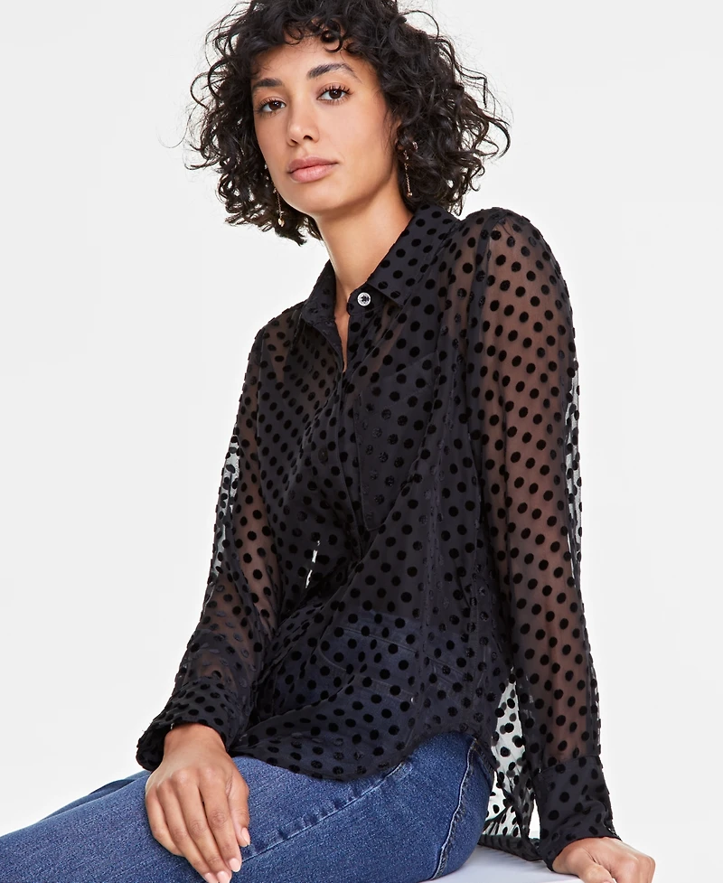 On 34th Women's Chiffon Flocked Polka-Dot Shirt, Created for Macy's