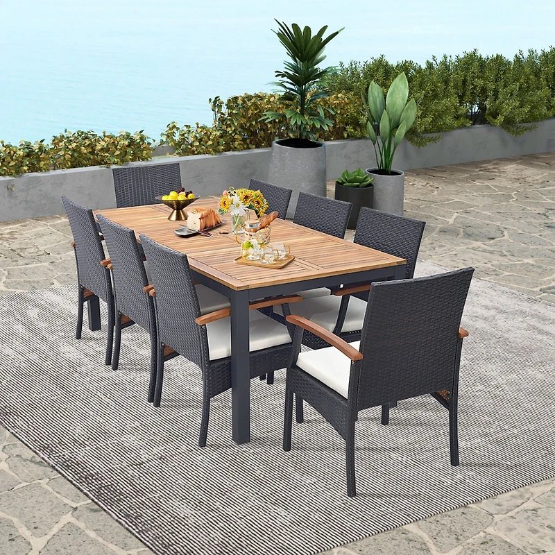 Costway 9 Pcs Patio Rattan Dining Set with Acacia Wood Table, Cushions, 1.9" Umbrella Hole