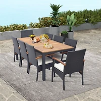 Costway 9 Pcs Patio Rattan Dining Set with Acacia Wood Table, Cushions, 1.9" Umbrella Hole
