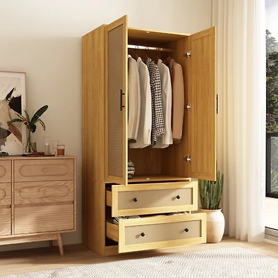 Famapy Wardrobe Freestanding Coat Storage Cabinet with 2-Tier Drawers and Hanging Bar
