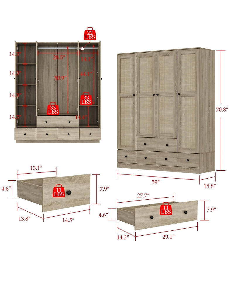 Homsee Brown Wood Grain Rattan Doors Design Armoires Wardrobe with 5-Drawers